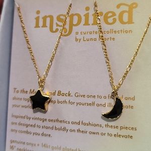 2 NECKLACES INSPIRED BY LUNA NORTE BLACK ONYX MOON & STAR14K GOLD PLATED
